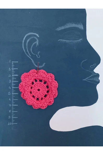 Crochet Örme Pembe Çiçek Küpe - Resim 3