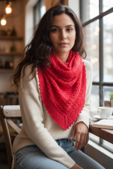 Örgü Desenli Üçgen Kırmızı Püsküllü Omuz Şalı ürün görseli 1