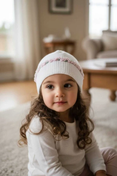 Örme Nakış Çiçek Desenli İnci Boncuk İşlemeli Kadın Ekru Kışlık Bere - Resim 2