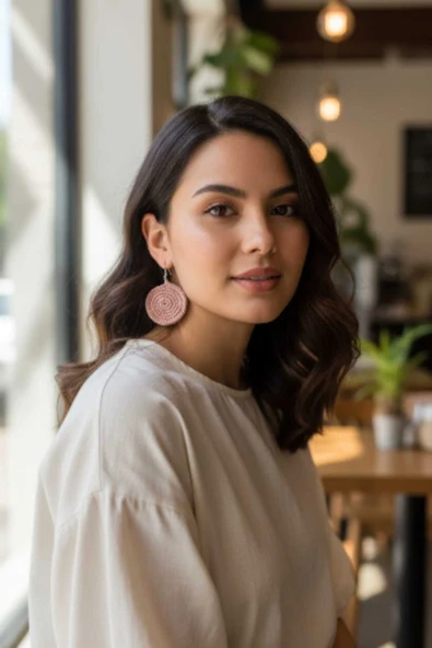 Örgü Crochet Yuvarlak Rose Renk Küpe ürün görseli 1