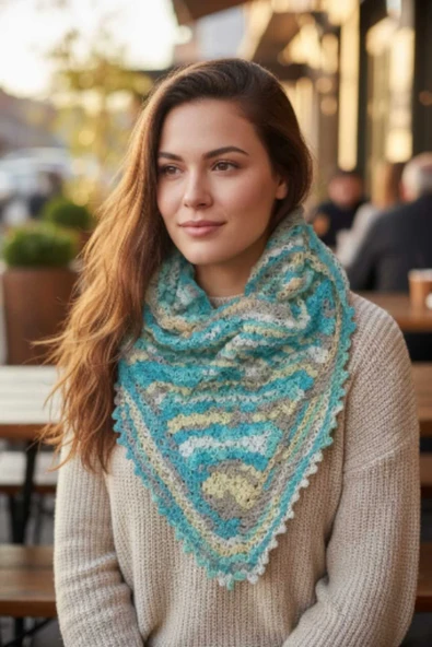 Örgü Desenli Üçgen Mavi Ebruli Püsküllü Omuz Şalı ürün görseli 1