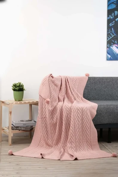 Leyla Triko Örgülü Tv Battaniyesi-4 Ponponlu 130 X 170 Cm ürün görseli 1