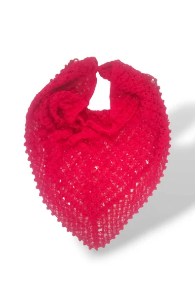 Örgü Desenli Üçgen Kırmızı Püsküllü Omuz Şalı - Resim 3