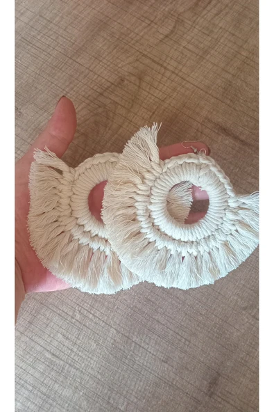 Örgü Makrome Halka Beyaz Küpe - Resim 3