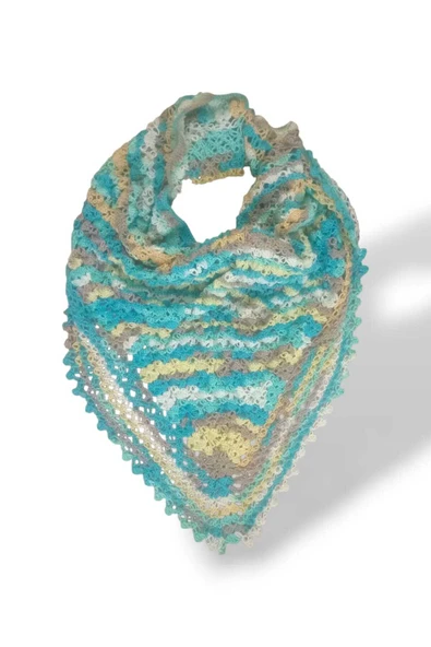 Örgü Desenli Üçgen Mavi Ebruli Püsküllü Omuz Şalı - Resim 2