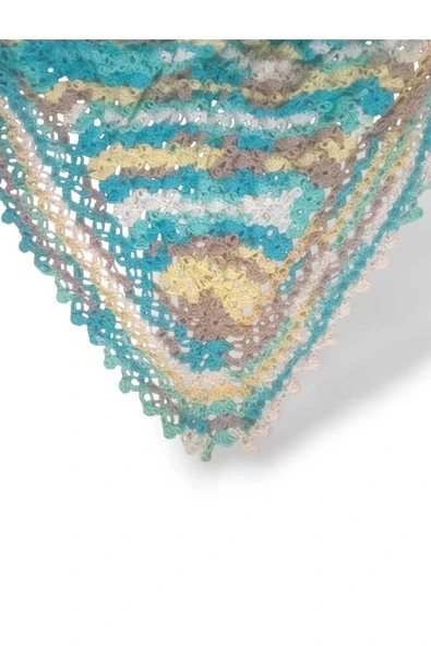 Örgü Desenli Üçgen Mavi Ebruli Püsküllü Omuz Şalı - Resim 3