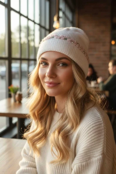 Örme Nakış Çiçek Desenli İnci Boncuk İşlemeli Kadın Ekru Kışlık Bere ürün görseli 1