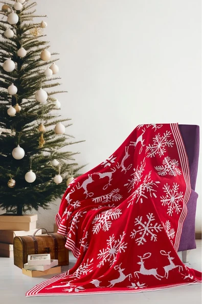 Kartanesi Triko Örgülü Geyikli Tv Battaniyesi 130 X 170 (Kırmızı-Beyaz) - ürün görseli 1