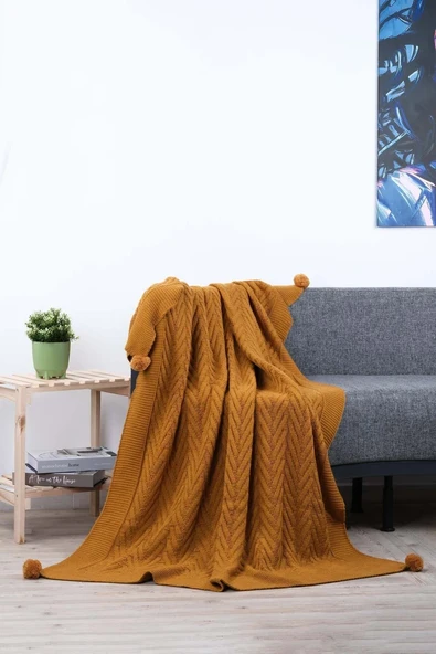Leyla Triko Örgülü Tv Battaniyesi-4 Ponponlu 130 X 170 Cm - Resim 6