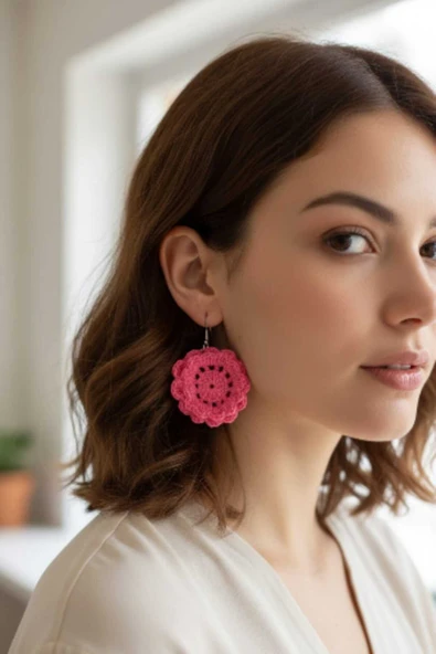 Crochet Örme Pembe Çiçek Küpe ürün görseli 1