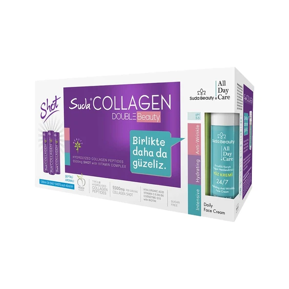 Suda Collagen Double Beauty İçime Hazır Sıvı SHOT 30x40 ml – Şeftali - Dezenfektan Hediyeli (%72 Alkol) - Resim 1