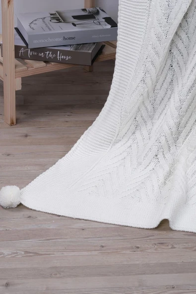 Leyla Triko Örgülü Tv Battaniyesi-4 Ponponlu 130 X 170 Cm - Resim 12