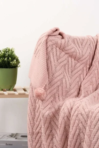 Leyla Triko Örgülü Tv Battaniyesi-4 Ponponlu 130 X 170 Cm - Resim 4