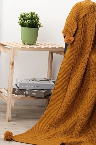 Leyla Triko Örgülü Tv Battaniyesi-4 Ponponlu 130 X 170 Cm - Resim 8