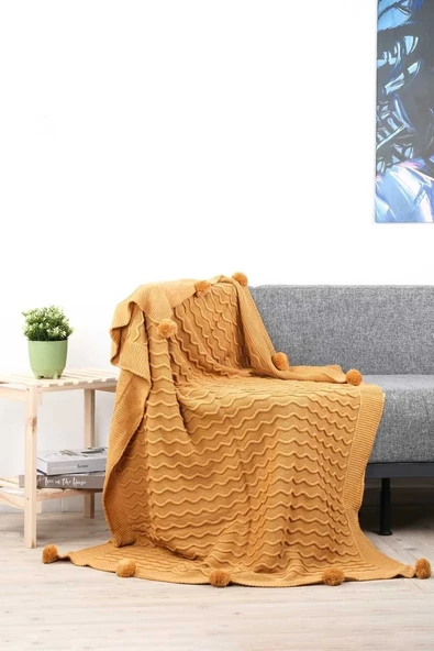 Meral Triko Örgülü Ponponlu Tv Battaniyesi 130 X 170 Cm - Resim 8