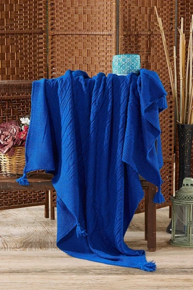 Mine Triko Örgü  6 Püsküllü Tv Battaniyesi 130 X 170 (Sax) ürün görseli 1