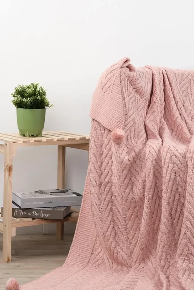 Leyla Triko Örgülü Tv Battaniyesi-4 Ponponlu 130 X 170 Cm - Resim 2