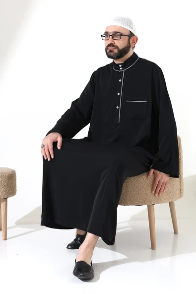 Erkek Hac ve Umre Kıyafeti Hakim Yaka Uzun Dubai Krep Cellabiye Fistan - Siyah - Resim 7