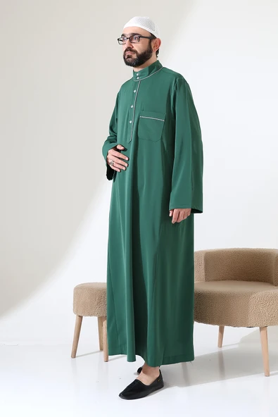 Erkek Hac ve Umre Kıyafeti Hakim Yaka Uzun Dubai Krep Cellabiye Fistan - Yeşil - Resim 3
