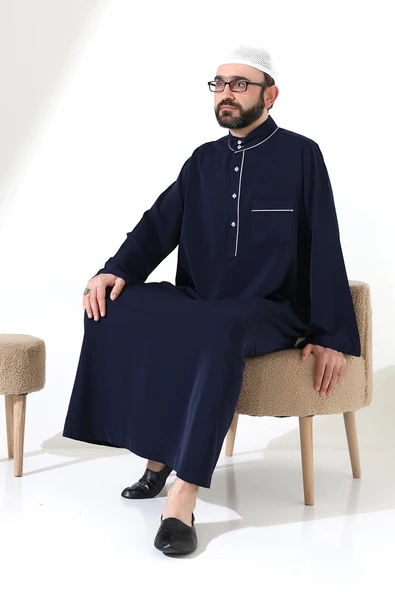 Erkek Hac ve Umre Kıyafeti Hakim Yaka Uzun Dubai Krep Cellabiye Fistan - Lacivert - Resim 7