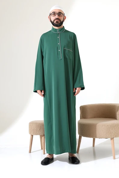 Erkek Hac ve Umre Kıyafeti Hakim Yaka Uzun Dubai Krep Cellabiye Fistan - Yeşil - Resim 2