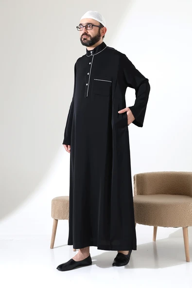 Erkek Hac ve Umre Kıyafeti Hakim Yaka Uzun Dubai Krep Cellabiye Fistan - Siyah ürün görseli 1