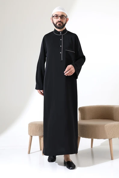 Erkek Hac ve Umre Kıyafeti Hakim Yaka Uzun Dubai Krep Cellabiye Fistan - Siyah - Resim 2