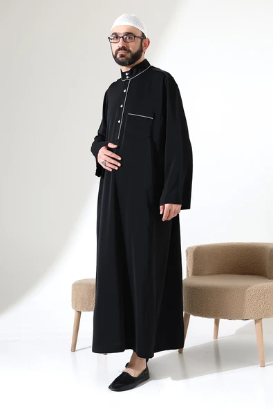 Erkek Hac ve Umre Kıyafeti Hakim Yaka Uzun Dubai Krep Cellabiye Fistan - Siyah - Resim 5