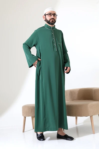 Erkek Hac ve Umre Kıyafeti Hakim Yaka Uzun Dubai Krep Cellabiye Fistan - Yeşil - Resim 4