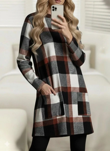 MDB Kadın Uzun Kollu Yarı Balıkçı Yakalı Cep Detaylı Ekoseli Dokuma Tunik - Resim 3