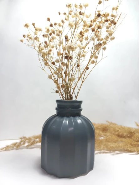 İnce Çizgili Vazo - Modern & Minimal Dekoratif Obje, Salon ve Ofis Çiçeklik,Gri Obje - Resim 3