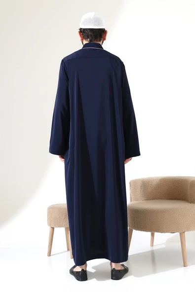 Erkek Hac ve Umre Kıyafeti Hakim Yaka Uzun Dubai Krep Cellabiye Fistan - Lacivert - Resim 8