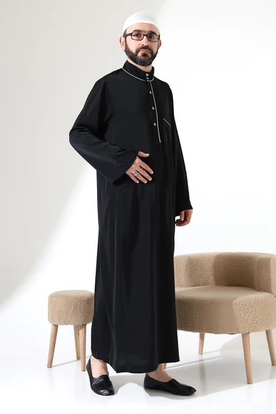 Erkek Hac ve Umre Kıyafeti Hakim Yaka Uzun Dubai Krep Cellabiye Fistan - Siyah - Resim 3