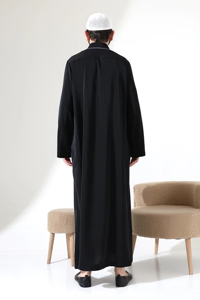 Erkek Hac ve Umre Kıyafeti Hakim Yaka Uzun Dubai Krep Cellabiye Fistan - Siyah - Resim 8