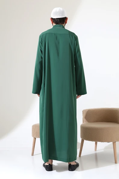 Erkek Hac ve Umre Kıyafeti Hakim Yaka Uzun Dubai Krep Cellabiye Fistan - Yeşil - Resim 8