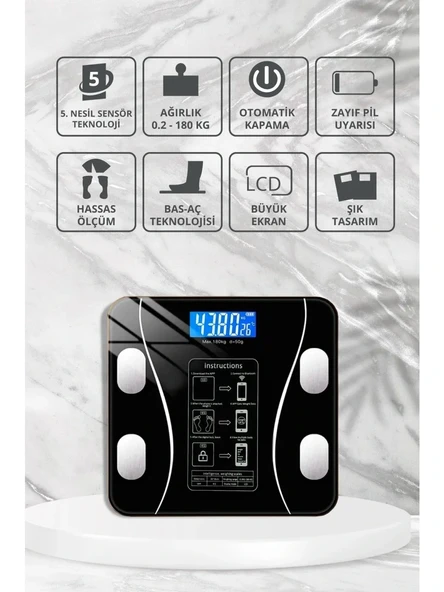 Yağ Ölçer Fonksiyonlu Dijital Baskül Elektronik Tartı Akıllı Bluetooth Lcd Dijital Ekran Ev Vücut (5332) - Resim 4