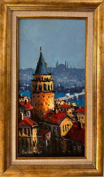 İstanbul Galata Manzaralı Orijinal Çerçeveli Yağlıboya Tablo ürün görseli 1