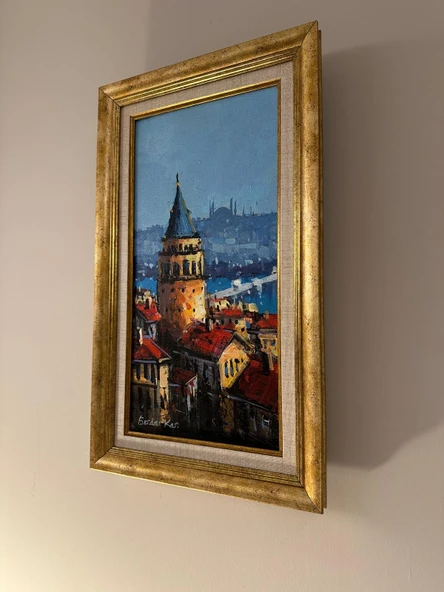 İstanbul Galata Manzaralı Orijinal Çerçeveli Yağlıboya Tablo - Resim 3