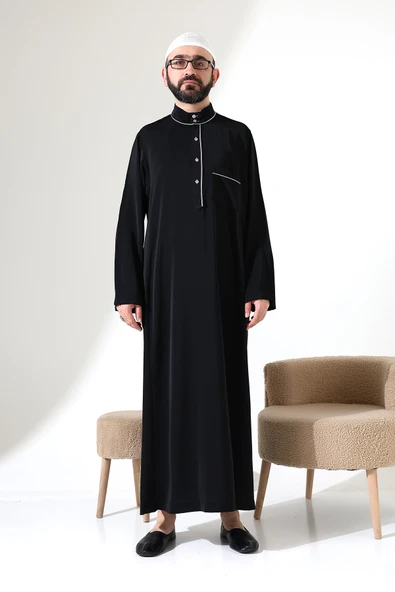 Erkek Hac ve Umre Kıyafeti Hakim Yaka Uzun Dubai Krep Cellabiye Fistan - Siyah - Resim 4