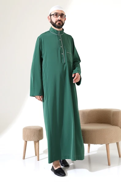 Erkek Hac ve Umre Kıyafeti Hakim Yaka Uzun Dubai Krep Cellabiye Fistan - Yeşil ürün görseli 1