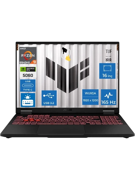 Asus Tuf Gaming A16 FA608PM-RV010 Amd Ryzen 9 8940HX 16GB 1tb SSD RTX5060-8GB 115W Freedos 16" 165Hz - Resim 3