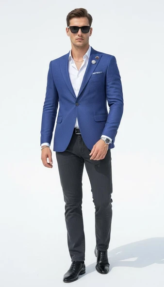 Erkek Dokulu Kumaş Slim Fit Blazer Ceket – Şık Modern Kesim Tek Düğmeli - Resim 3