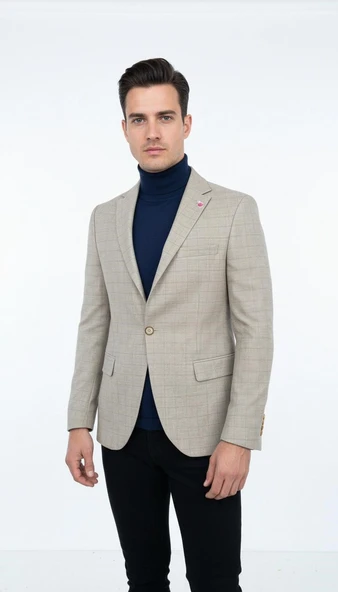 Ekoseli Slim Fit Erkek Blazer Ceket – Şık Modern Tasarım, Tek Düğmeli - Resim 3