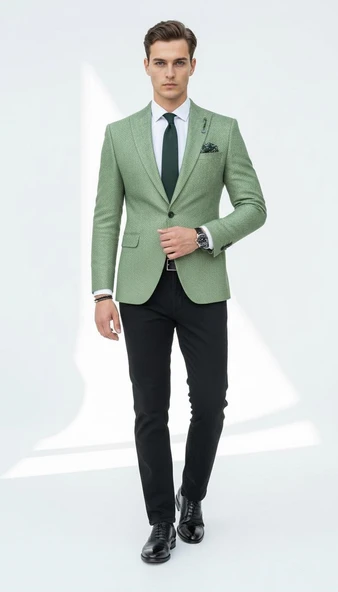 Erkek Dokulu Kumaş Slim Fit Blazer Ceket – Şık Modern Kesim Tek Düğmeli - Resim 11