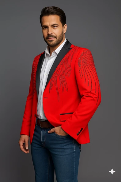 Erkek Siyah Taş Detaylı Saten Yaka Blazer Ceket – Özel Tasarım Şık Damatlık & Gece Kombini - Resim 6