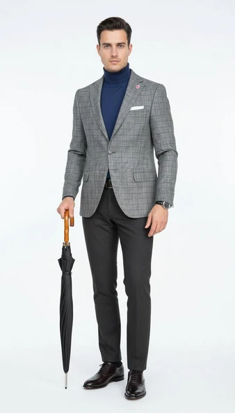 Ekoseli Slim Fit Erkek Blazer Ceket – Şık Modern Tasarım, Tek Düğmeli - Resim 11