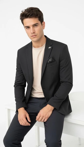 Erkek Siyah Blazer Ceket – İtalyan Kesim, Tek Düğmeli, Tek Yırtmaçlı Şık Klasik Model - Resim 4