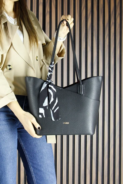 Erkan Saçmacı Siyah Vegan Manyetik Kapaklı Büyük Boy Günlük Omuz Çantası ve Askılı El Çantası - Resim 7