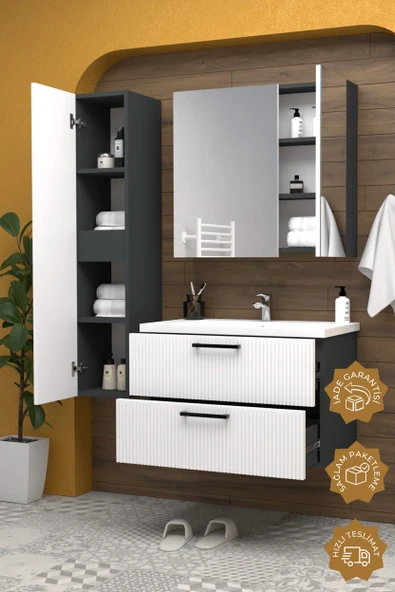 Teta Home Havana 80 cm MDF Gövde Membran Kapak Banyo Dolabı Seti + Boy Dolabı  Antrasit-Beyaz - Resim 2