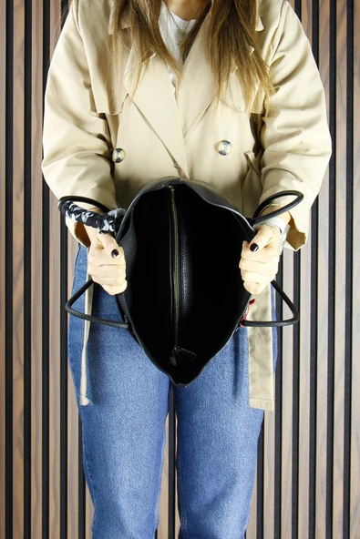 Erkan Saçmacı Siyah Vegan Manyetik Kapaklı Büyük Boy Günlük Omuz Çantası ve Askılı El Çantası - Resim 5